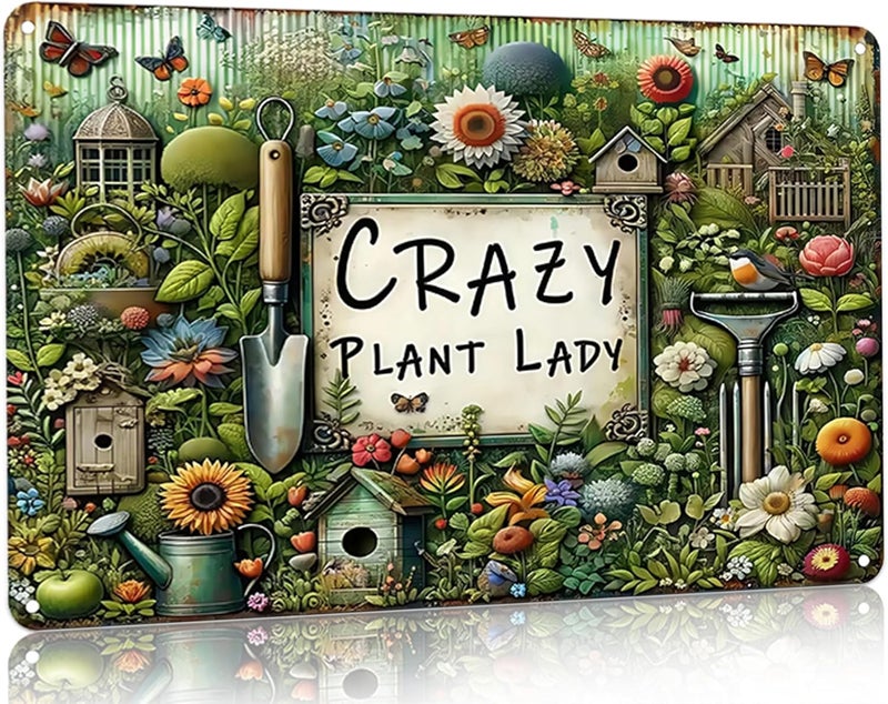 Bestylez Garden Gifts Vintage Gardening Signs Crazy Plant Lady Tin Sign for Home Garden Greenhouse Living Room Bedroom Yard Outdoor Decor 8X12 Inch (3359) - Image 1